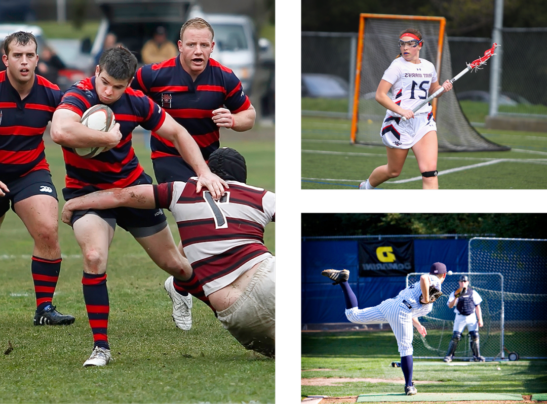 Saint mary's college students playing lacross, baseball, and rugby.